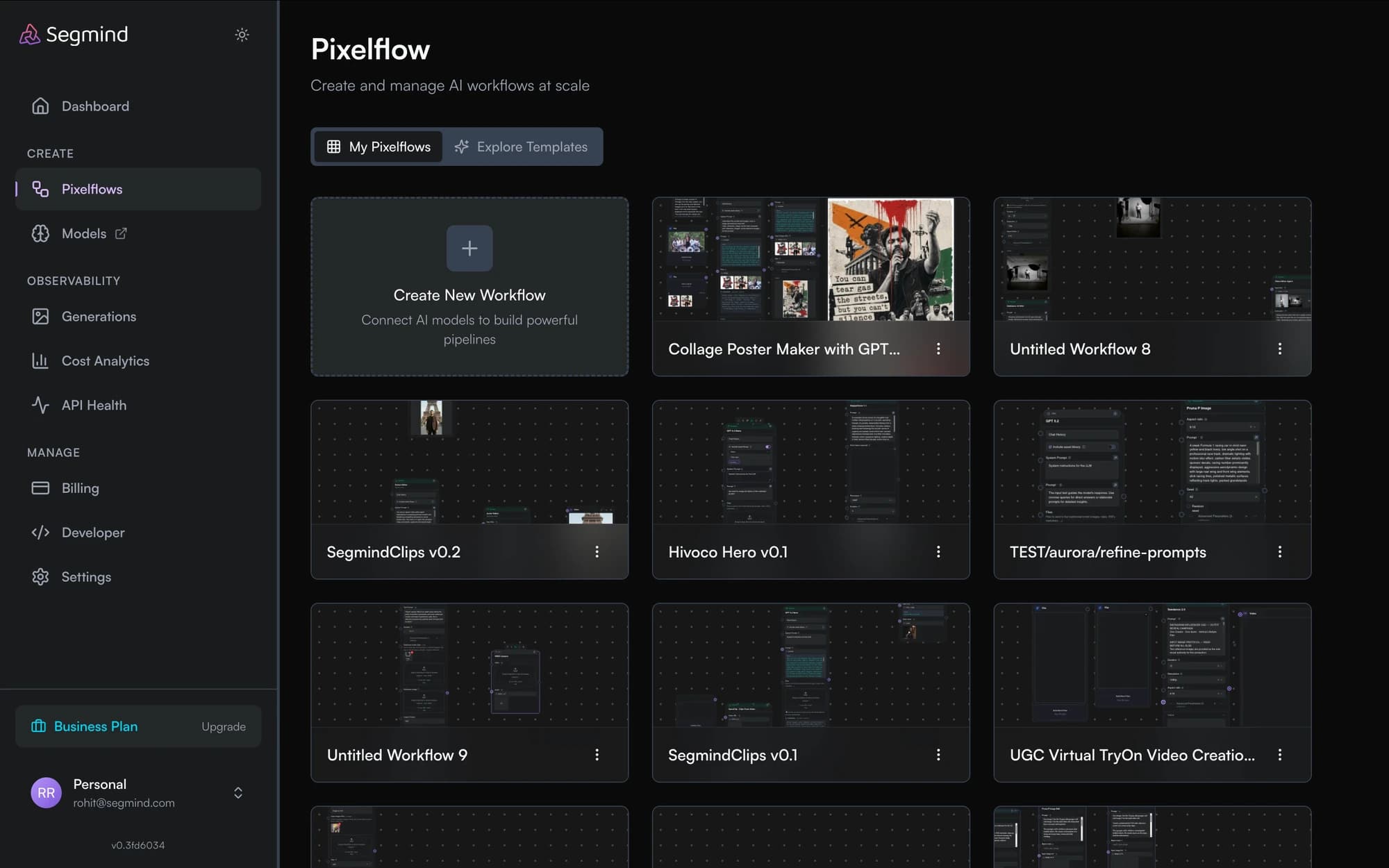 PixelFlow workflow library showing workflow cards with thumbnails
