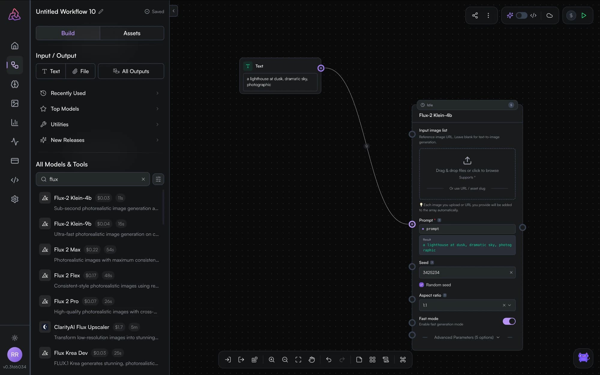 An edge connecting the input node to the model node's prompt parameter