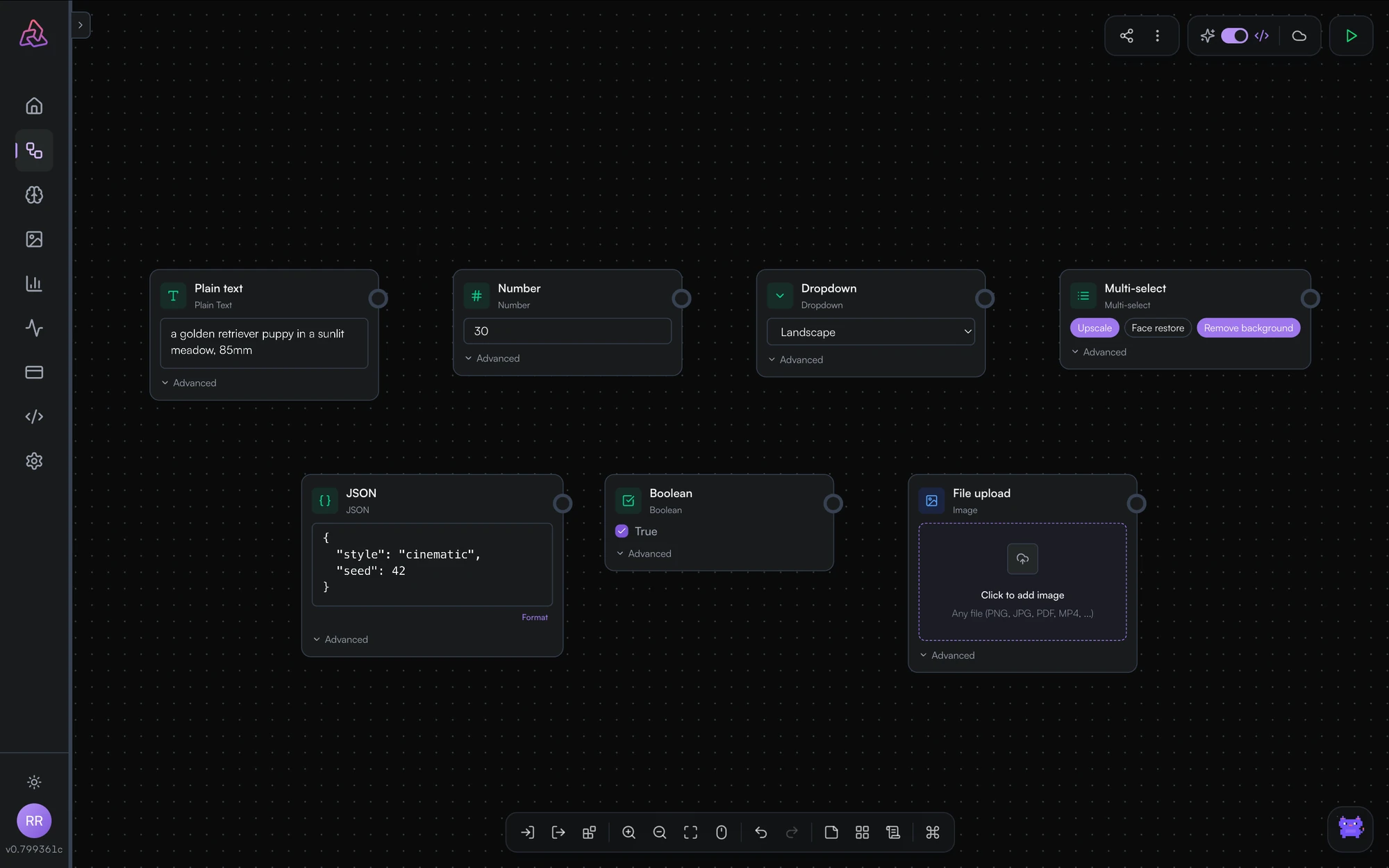 Seven input nodes on a canvas, one per mode: plain text, number, dropdown, multi-select, JSON, boolean, and an image file upload