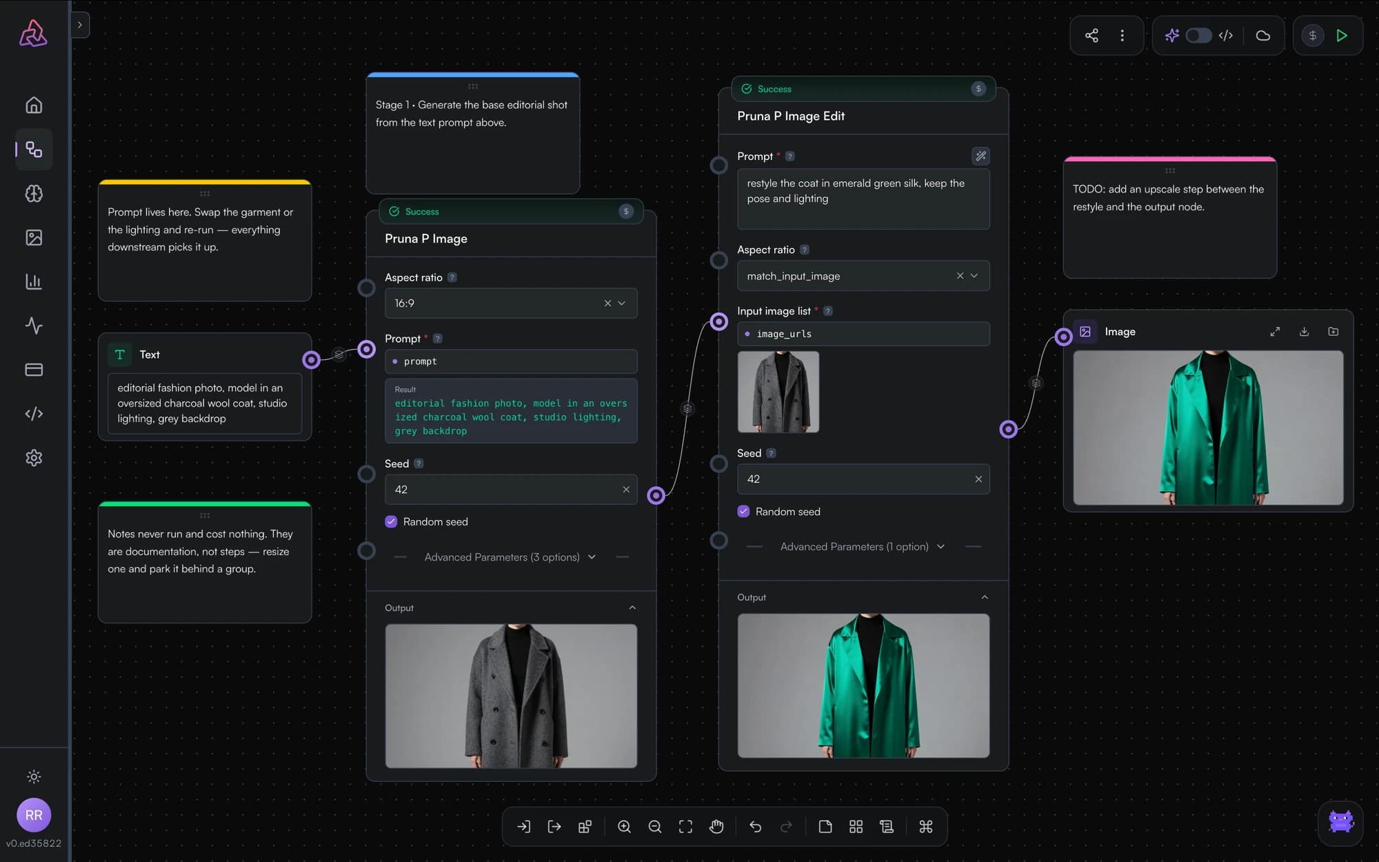 Color-coded sticky notes annotating sections of a workflow