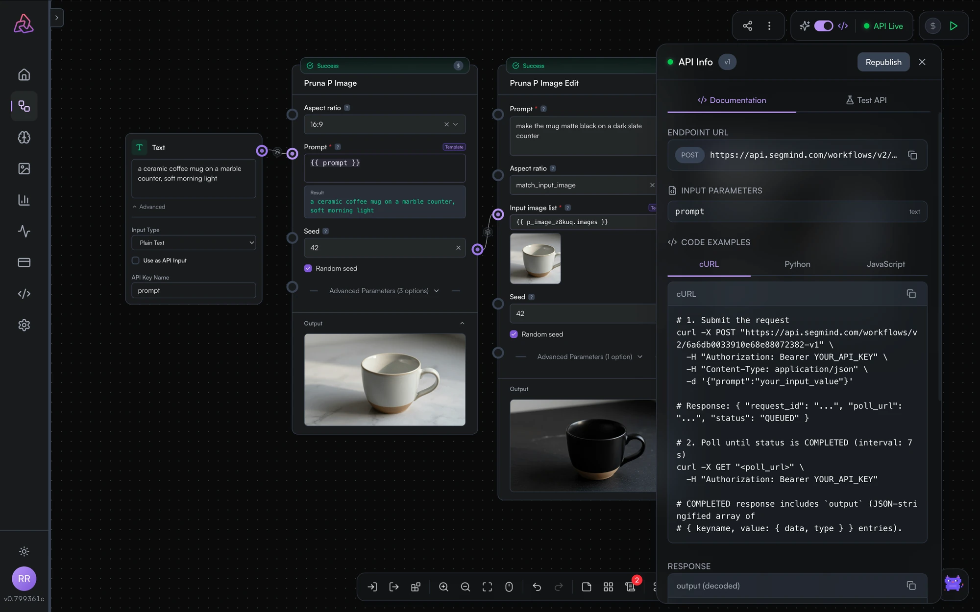 The API info panel showing the endpoint URL, the published version, the input parameters, and code samples