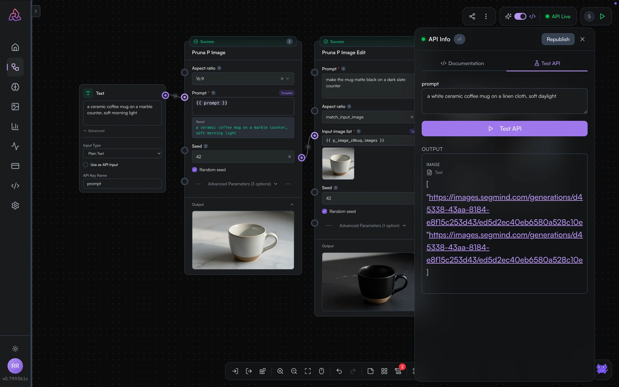 The API test panel running a request against the published workflow