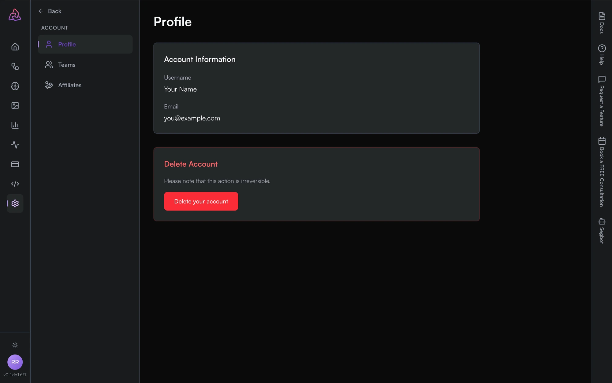 The Profile page showing Account Information with username and email, and a Delete Account section with a Delete your account button