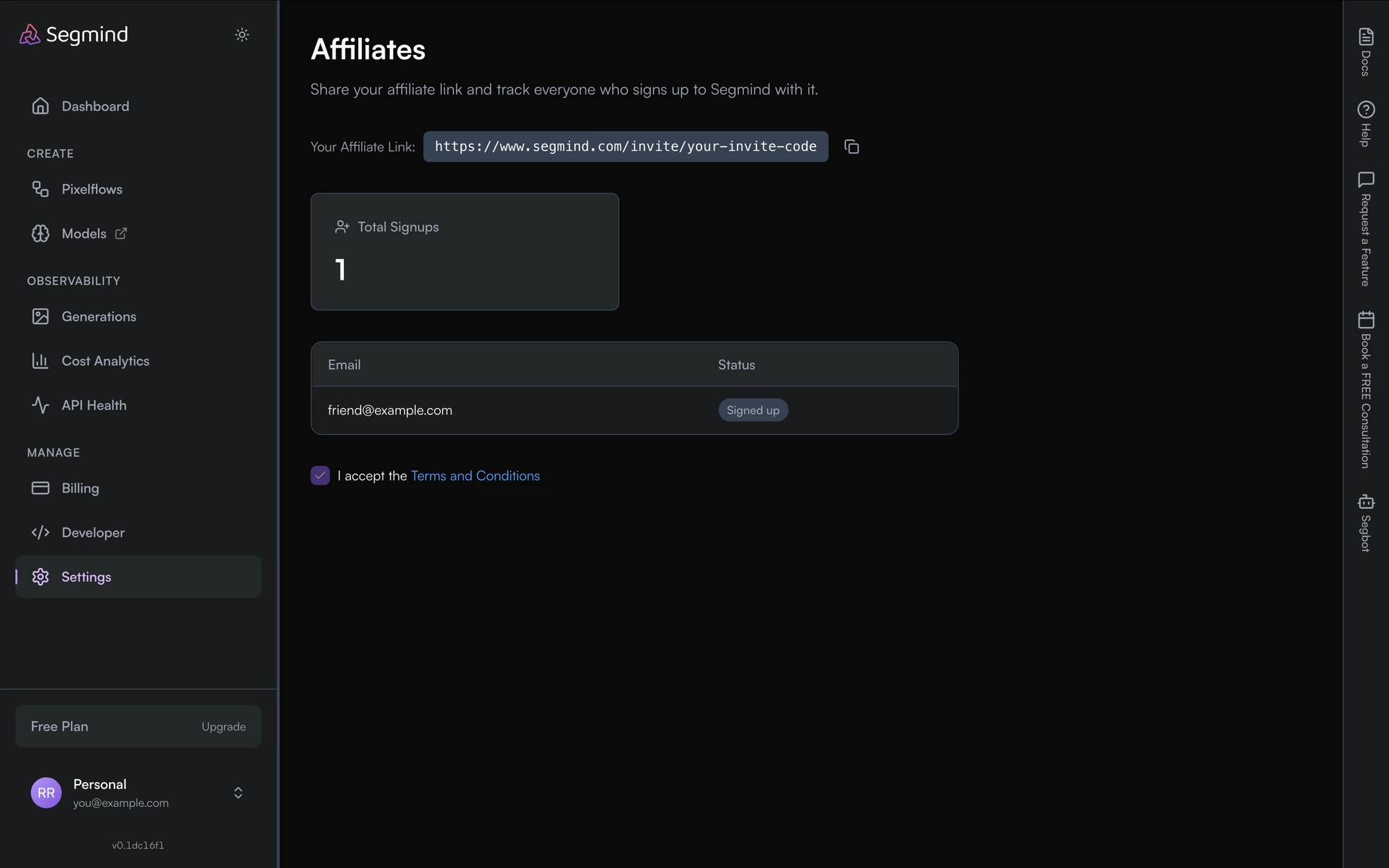 The Affiliates page showing a personal invite link, a Total Signups counter, and a table of referred emails with their status