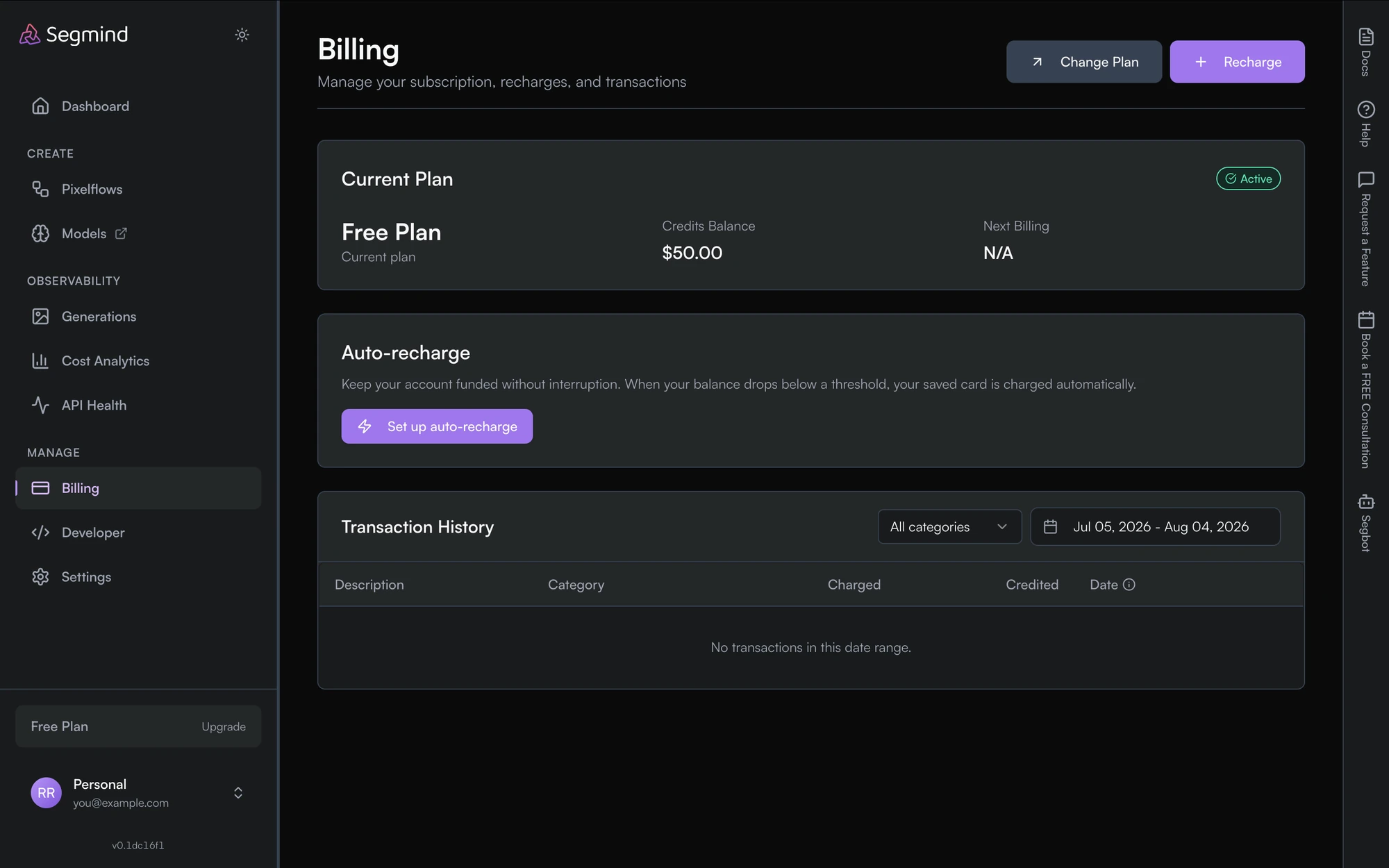 The Billing page showing Current Plan with a credits balance, an Auto-recharge section, and a Transaction History table