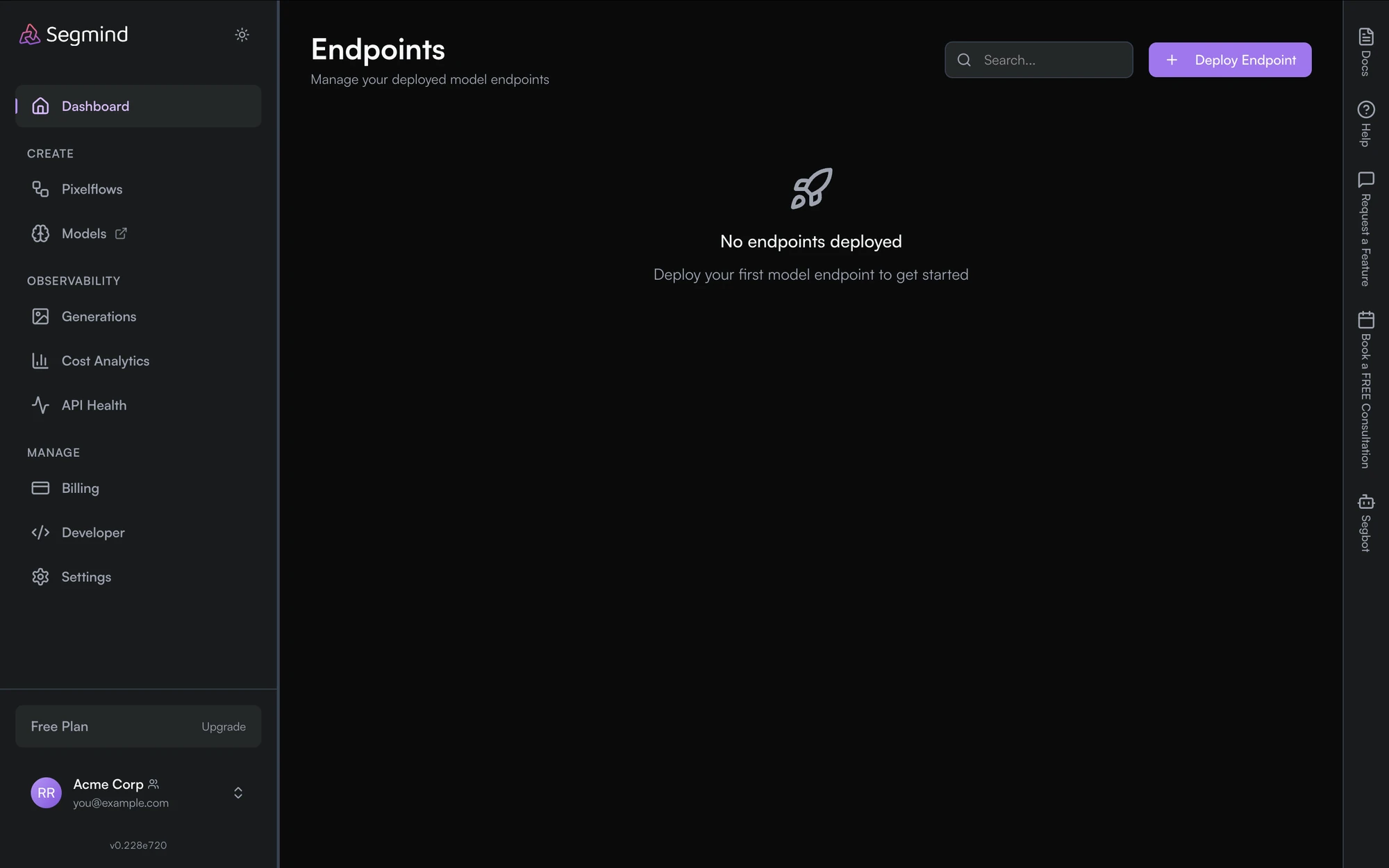 The Endpoints page in the Segmind console, showing the empty state — No endpoints deployed — with a search box and a Deploy Endpoint button