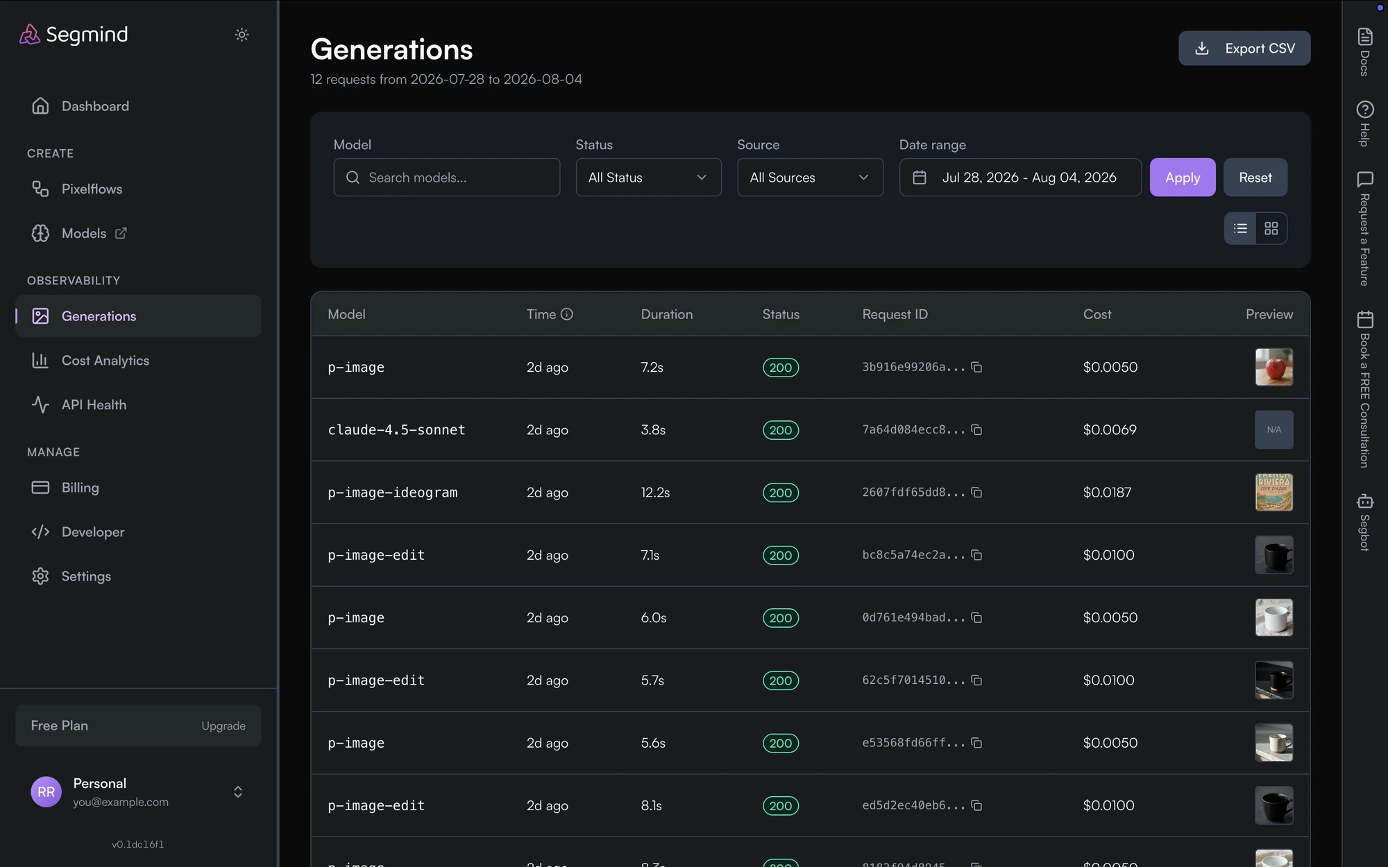 The Generations page listing twelve requests with Model, Time, Duration, Status, Request ID, Cost and Preview columns, above filters for model, status, source and date range