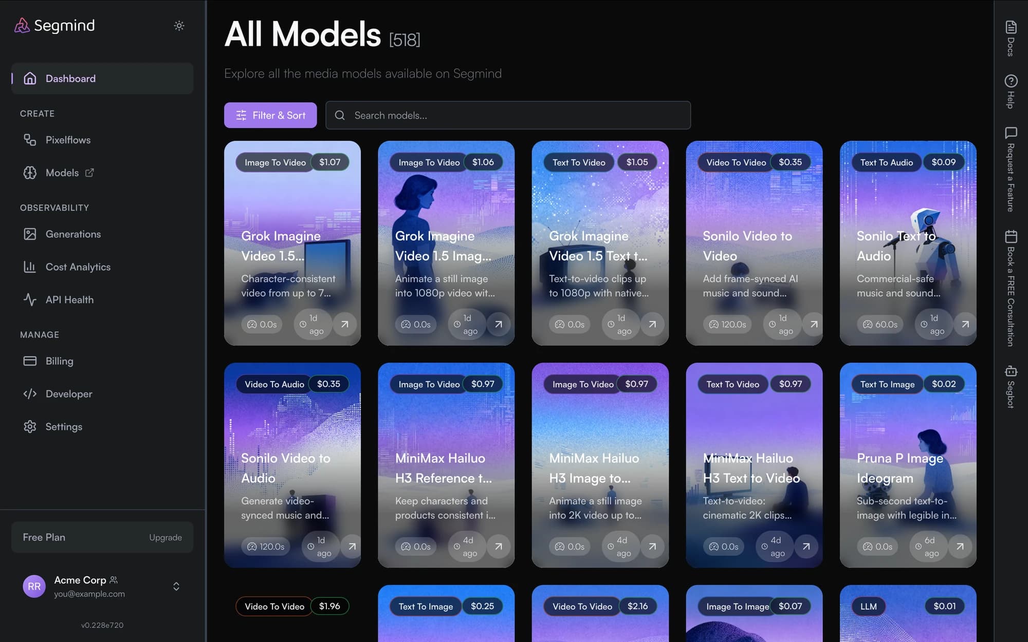 The All Models page showing a grid of model cards, each with its modality tag, average price, description and latency, above a Filter and Sort control and a search box
