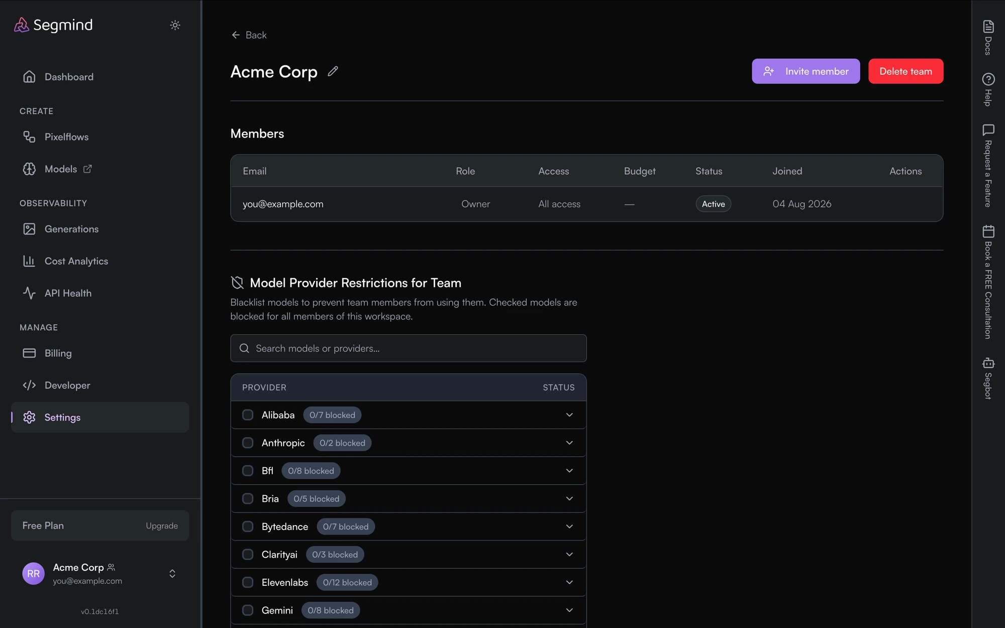 A team management page showing the Members table with Email, Role, Access, Budget, Status, Joined and Actions columns, above a Model Provider Restrictions section listing providers with blocked counts