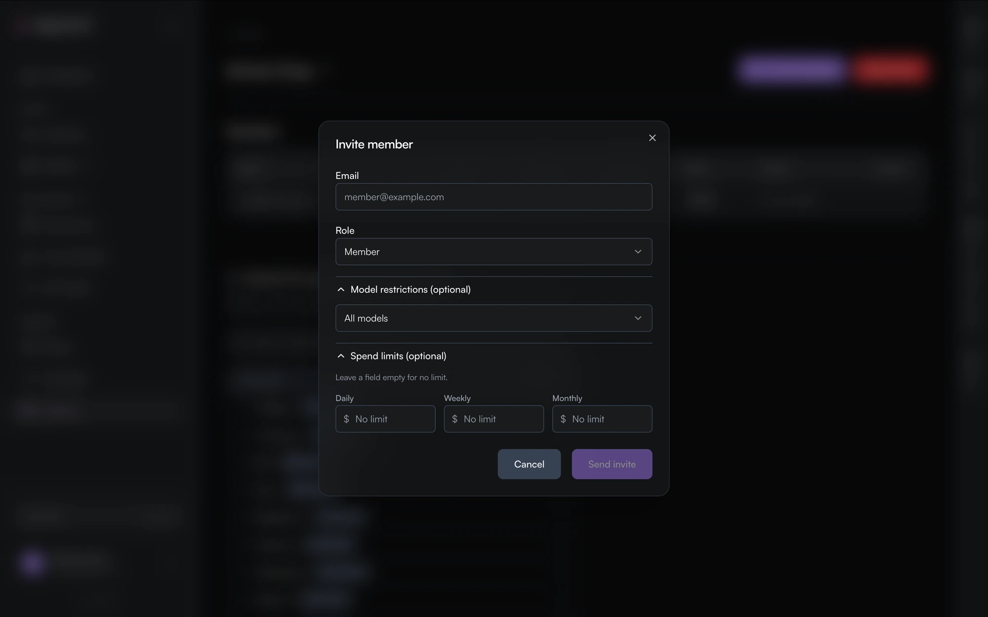 The Invite member dialog with fields for email and role, an expanded Model restrictions section set to All models, and an expanded Spend limits section with Daily, Weekly and Monthly fields each reading No limit