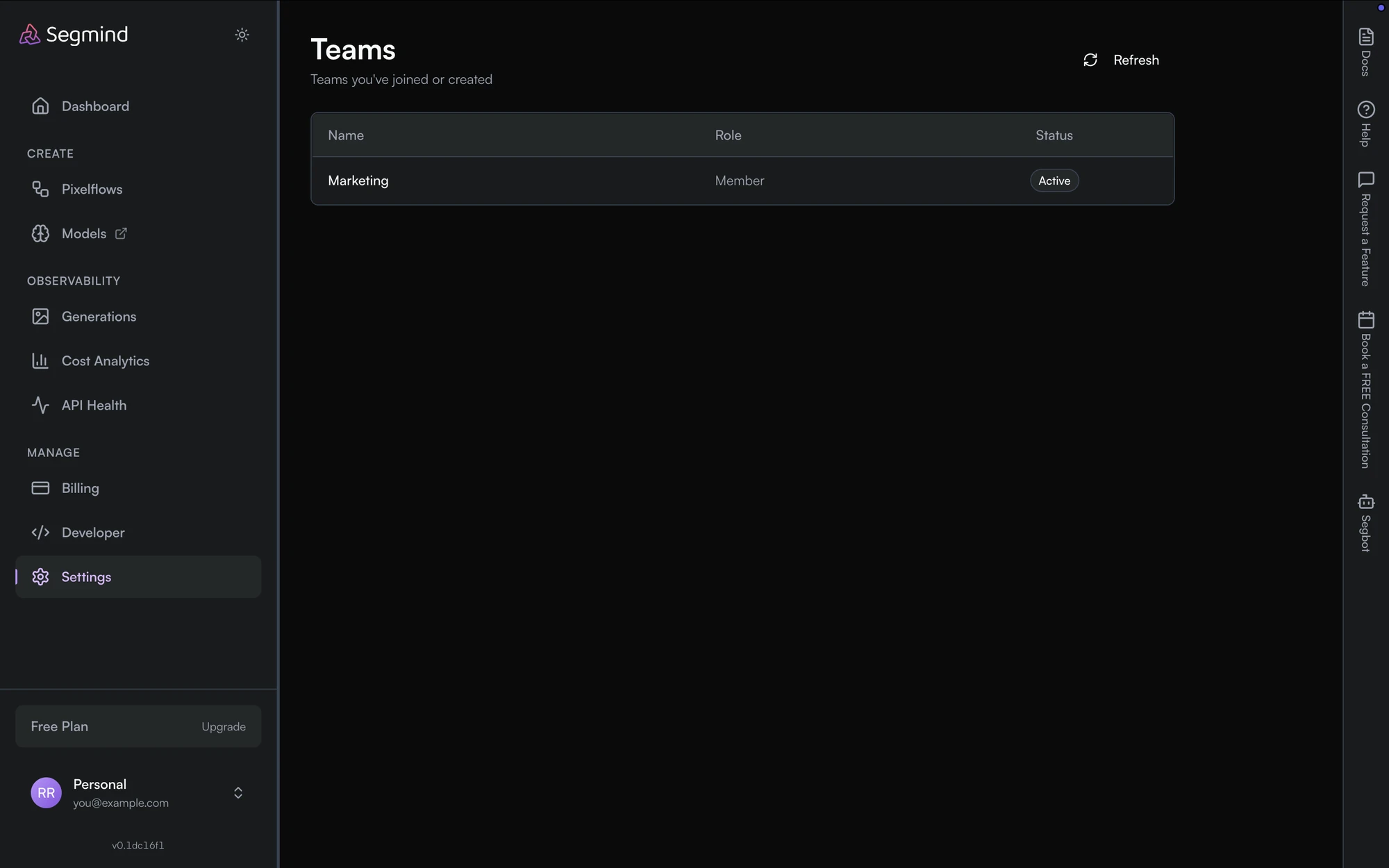 The Teams page listing one team named Marketing with the role Member and status Active